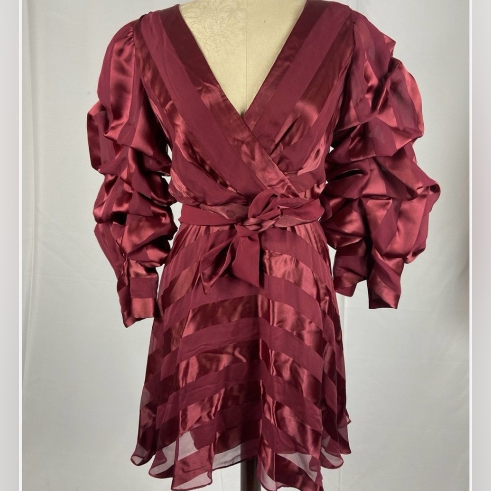 Alice & Olivia Burgundy Satin Dress with Puff Sleeves (size 4)